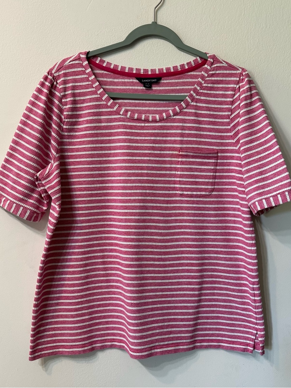 Lands' End Pink & White Striped Knit Scoop Neck Pocket T-Shirt Women's L
